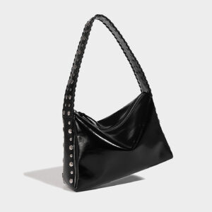 Side view of black oil wax PU leather shoulder bag showing zipper and shape