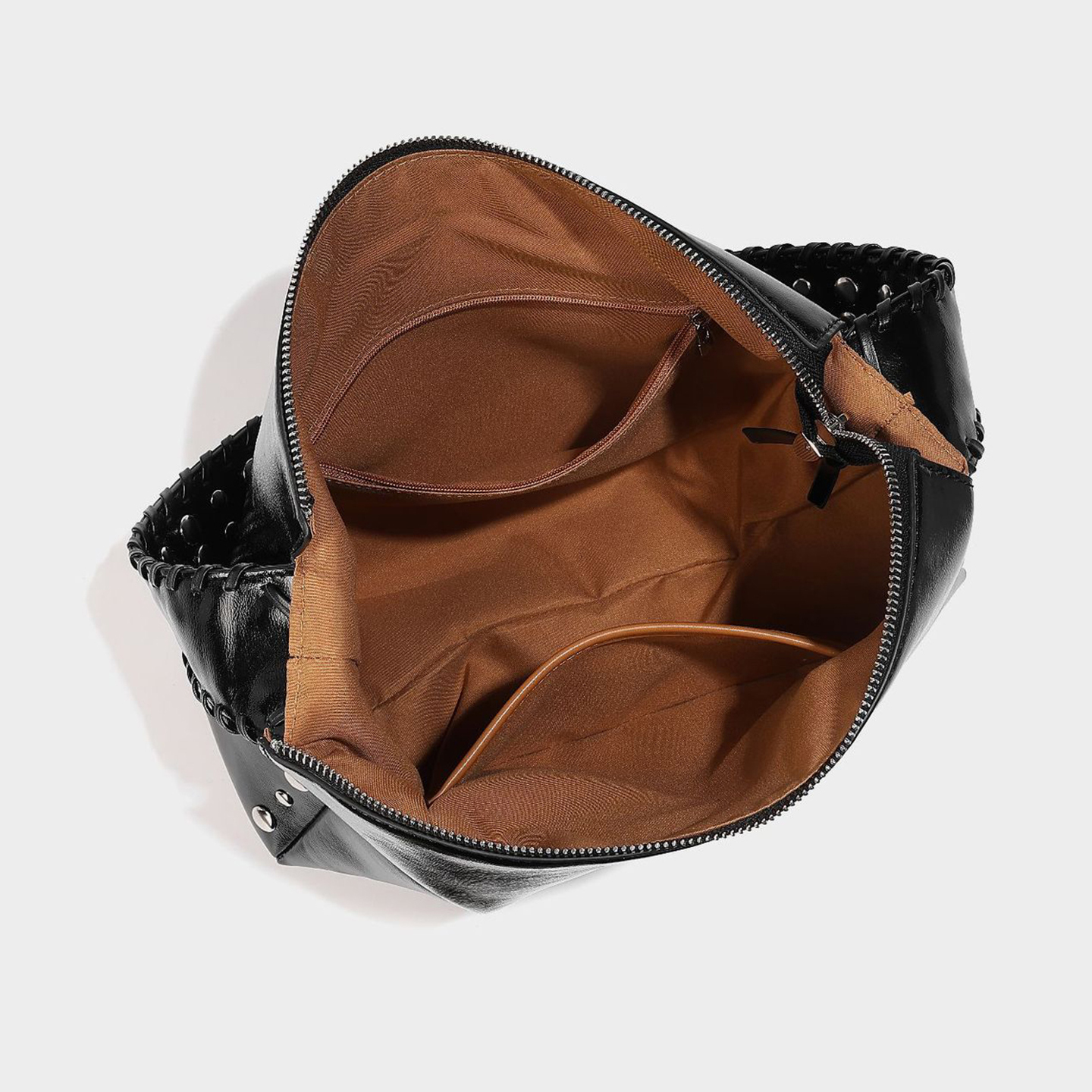 Interior view of oil wax PU leather shoulder bag displaying inner zipper pocket and polyester lining