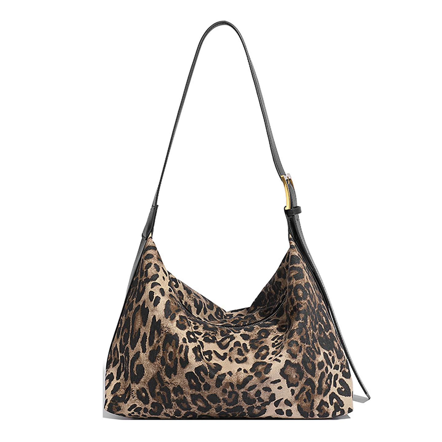 Front view of leopard print shoulder bag for women with adjustable black strap and gold buckle