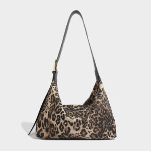 Side view of leopard print hobo bag showing slouchy shape and zipper
