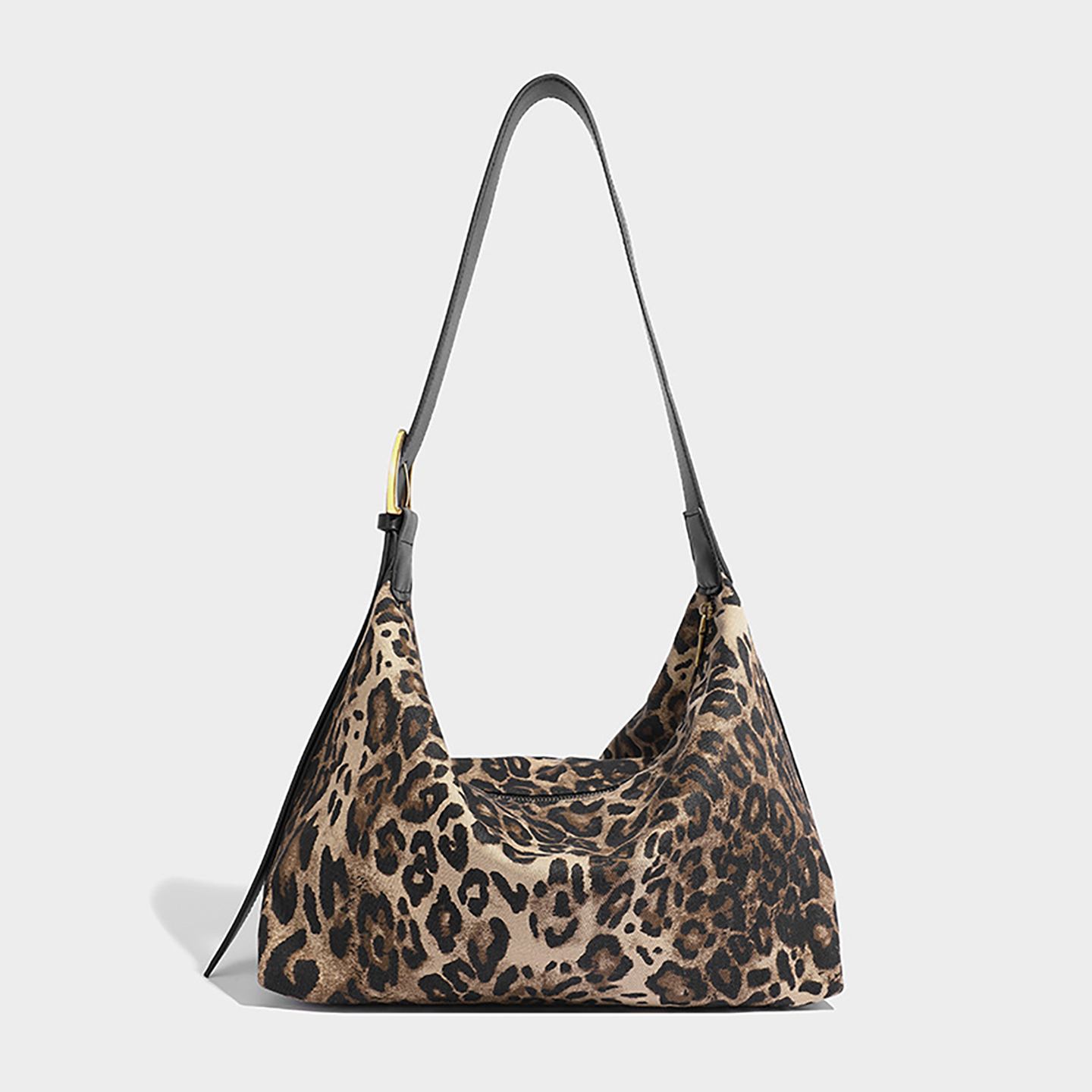Side view of leopard print hobo bag showing slouchy shape and zipper