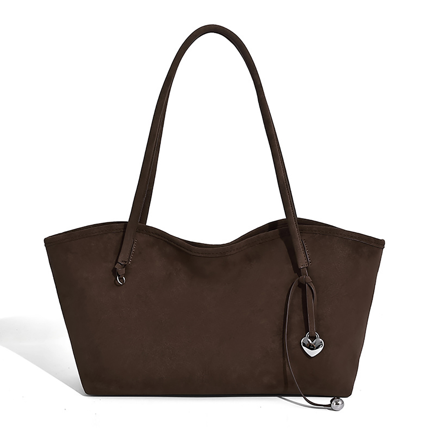 Front view of brown slouchy suede tote bag with heart charm and dual straps