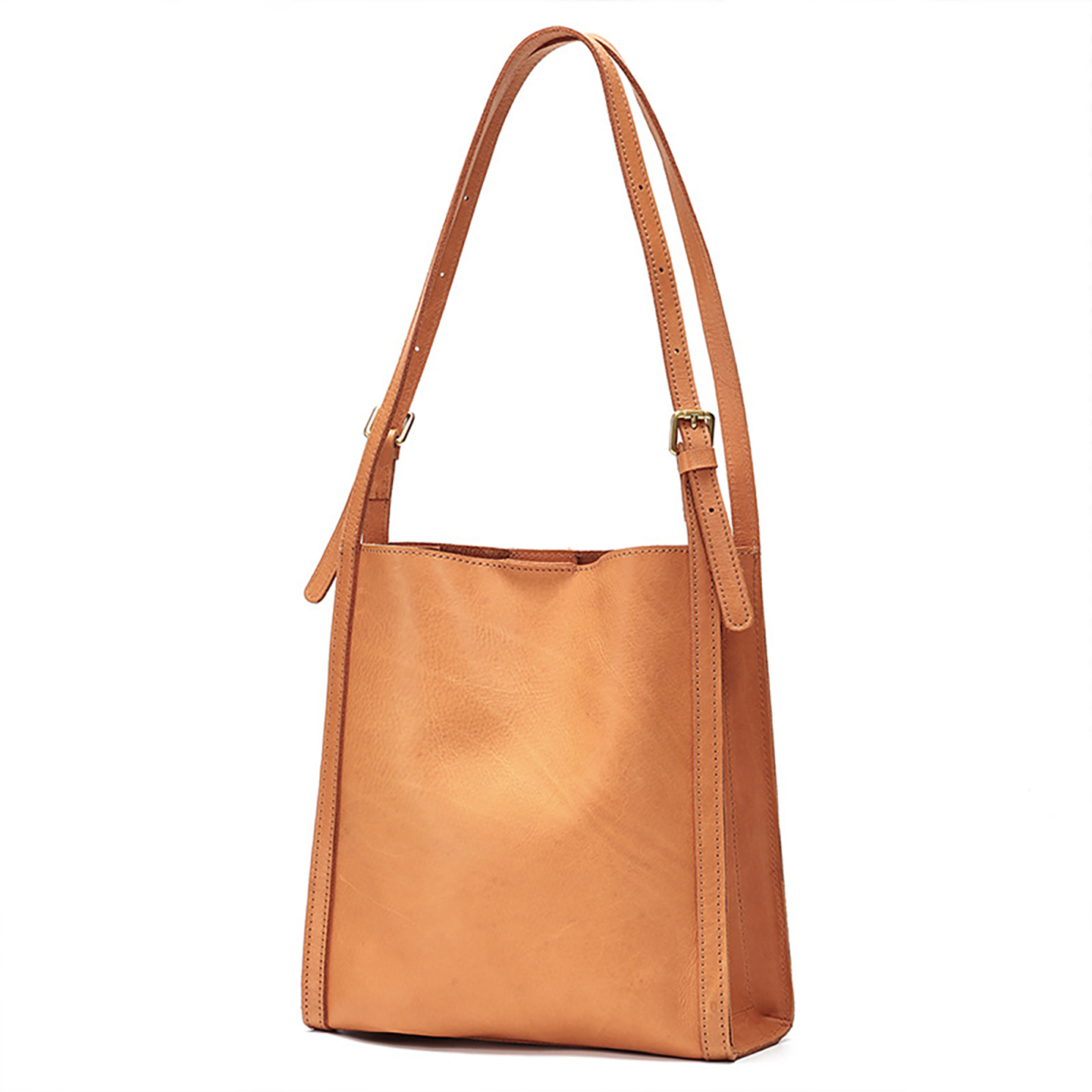 Front view of tan leather hobo bag with adjustable strap and gold buckle