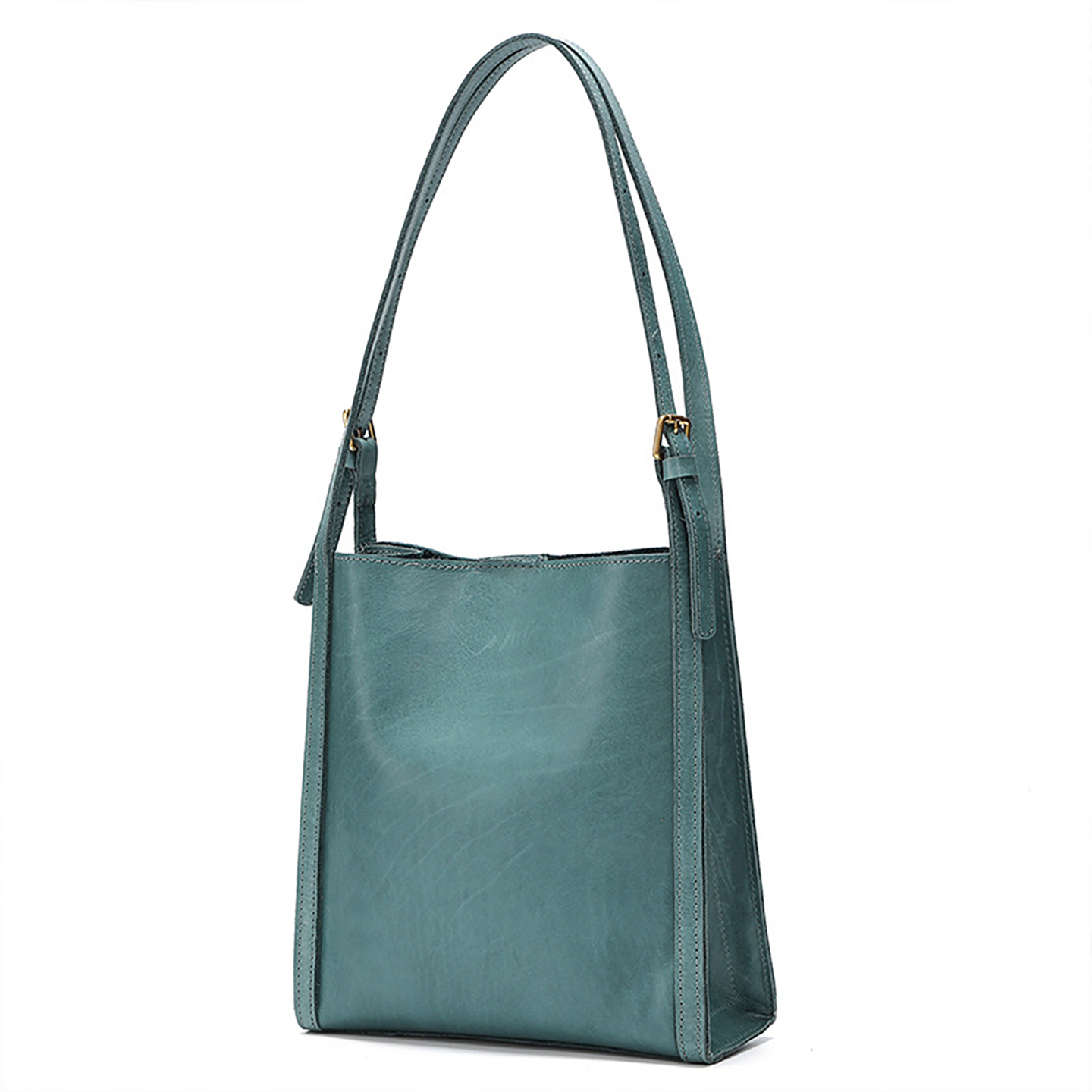 Front view of teal leather hobo bag with single strap