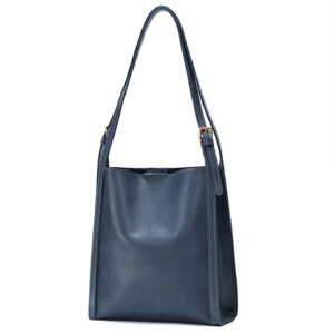 Front view of navy leather hobo bag with adjustable buckle