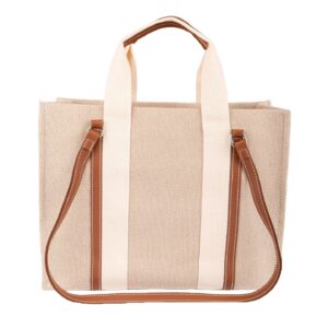 Front view of large canvas tote bag for women with beige body and brown leather trim, horizontal square shape