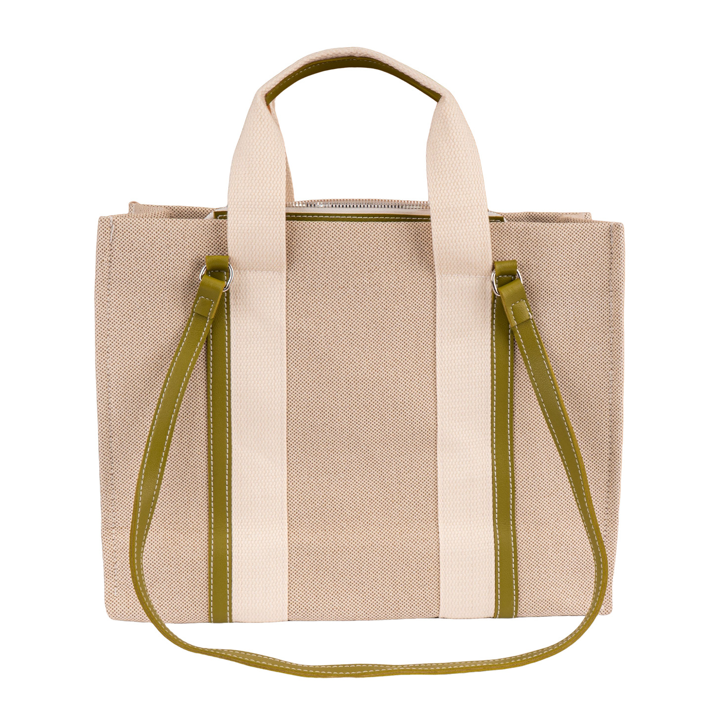 Front view of large canvas tote bag for women with beige body and green leather trim, ideal for summer