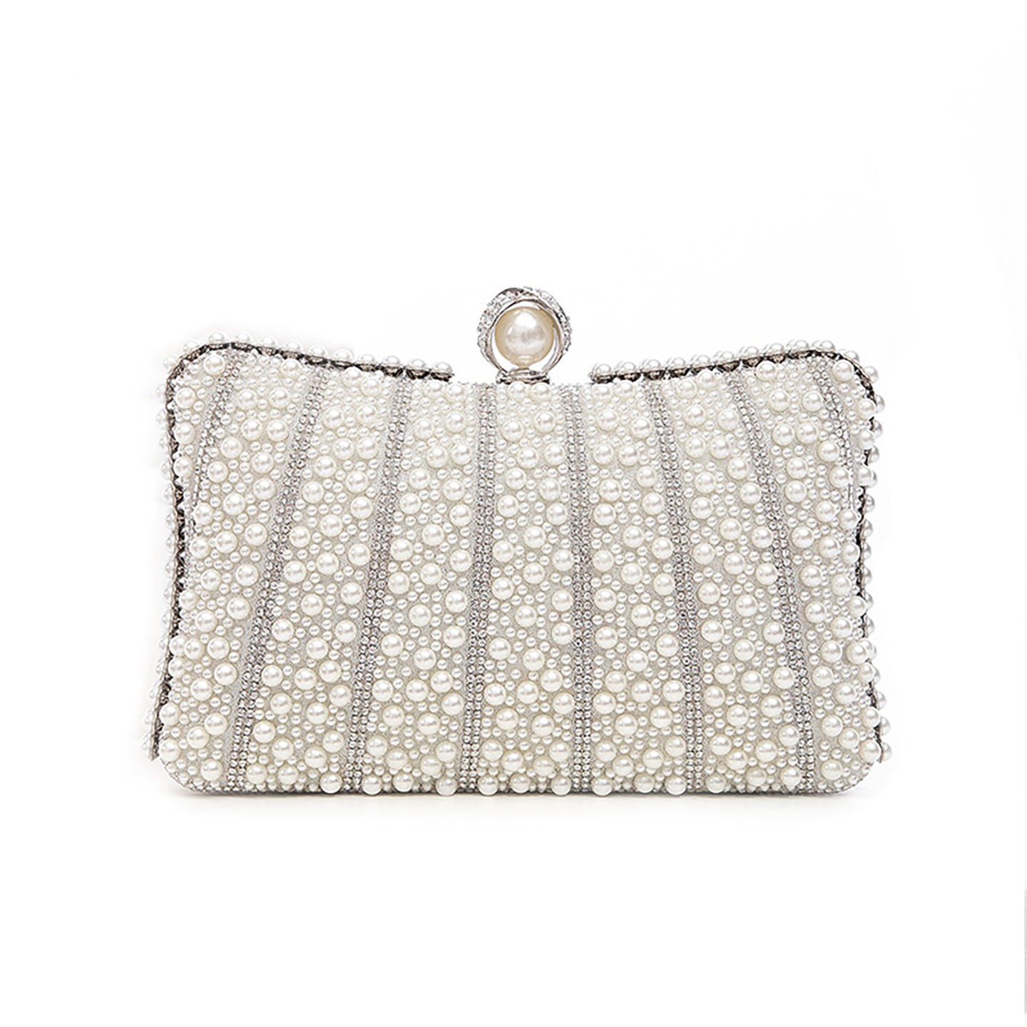 Front view of wholesale rhinestone handbag with pearl embellishments for women
