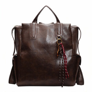 Front view of coffee-colored vintage backpack tote for women