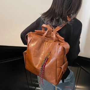 Side angle of woman with vintage PU backpack in brown