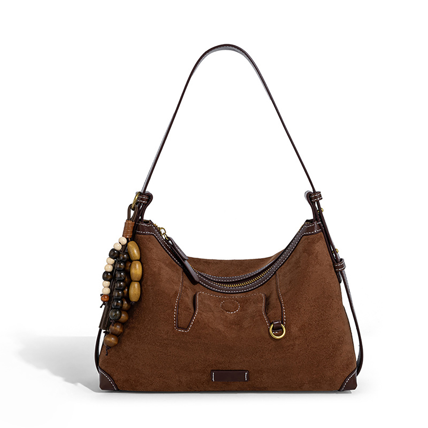 Front view of wholesale suede shoulder bag in brown with bead tassel