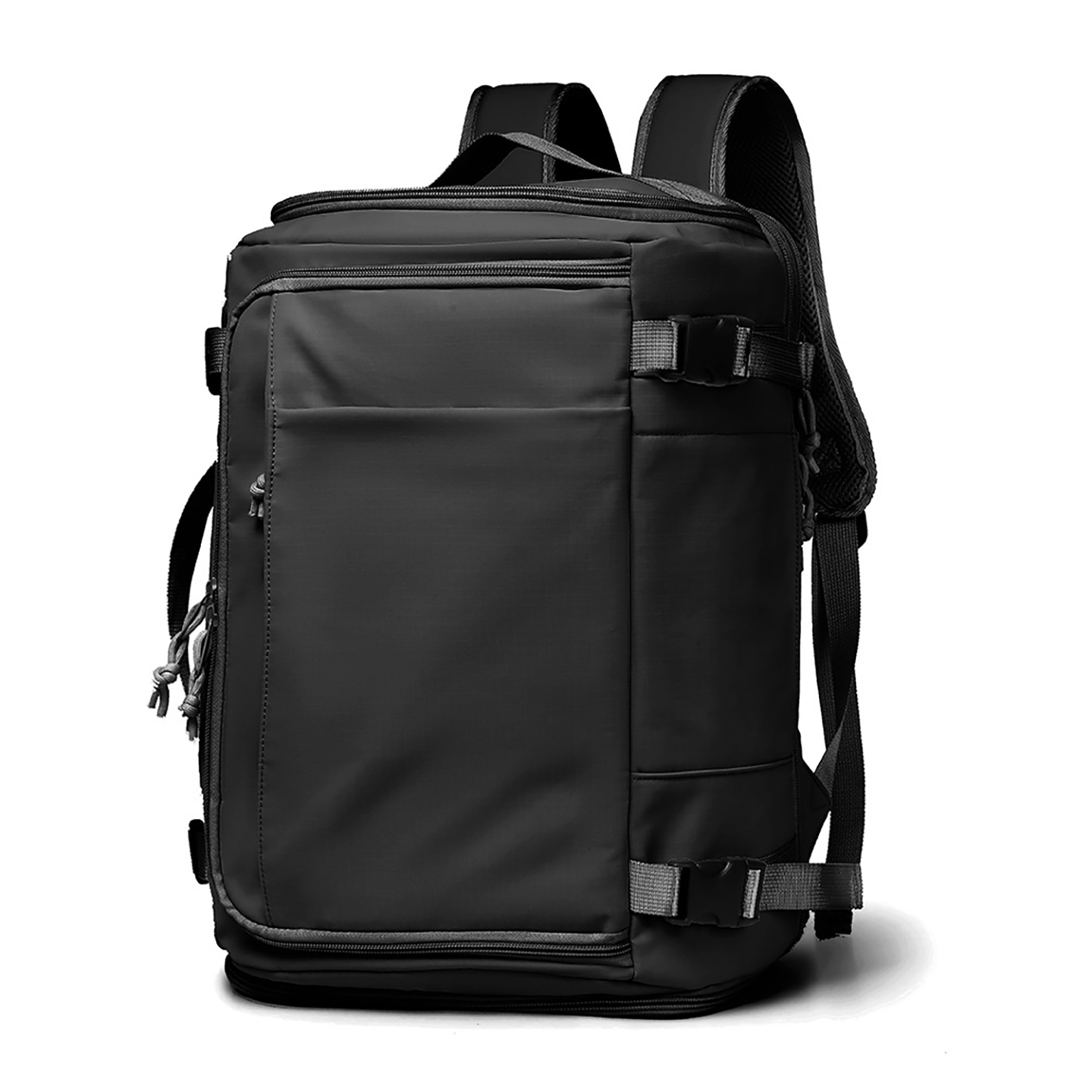 Expandable nylon travel backpack with shoe compartment, black