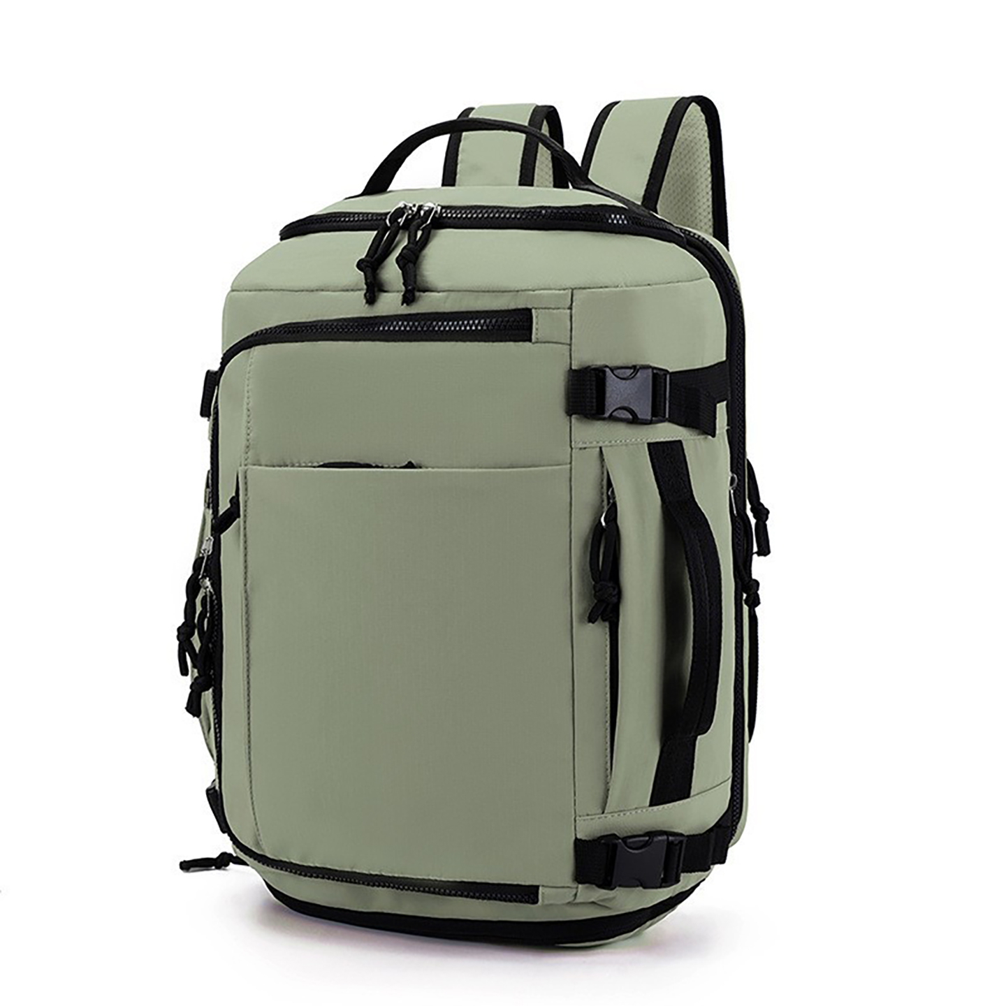 Carry on weekender backpack with shoe garage and side handles, sage green