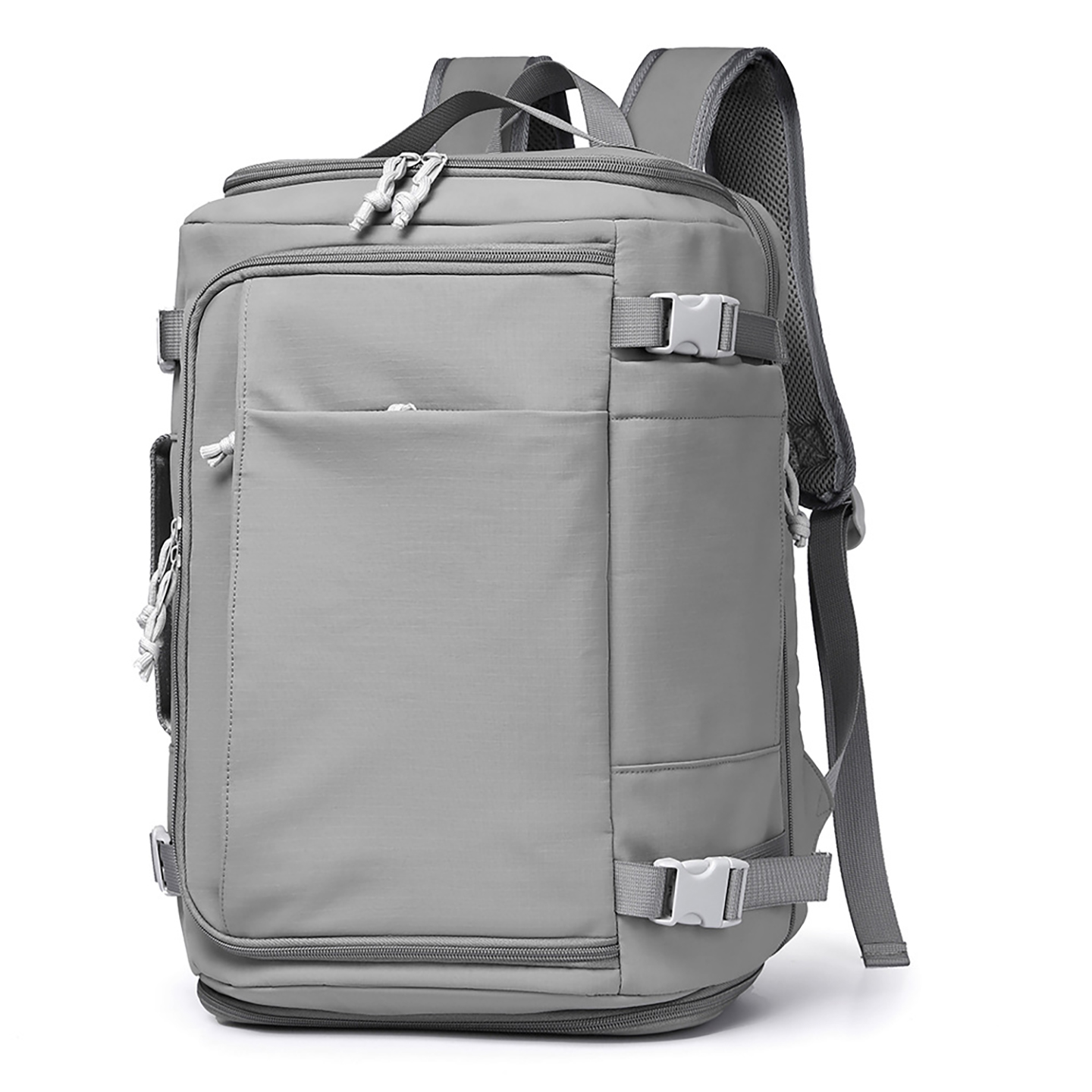 Medium 20–35L minimalist travel backpack with compression straps, gray