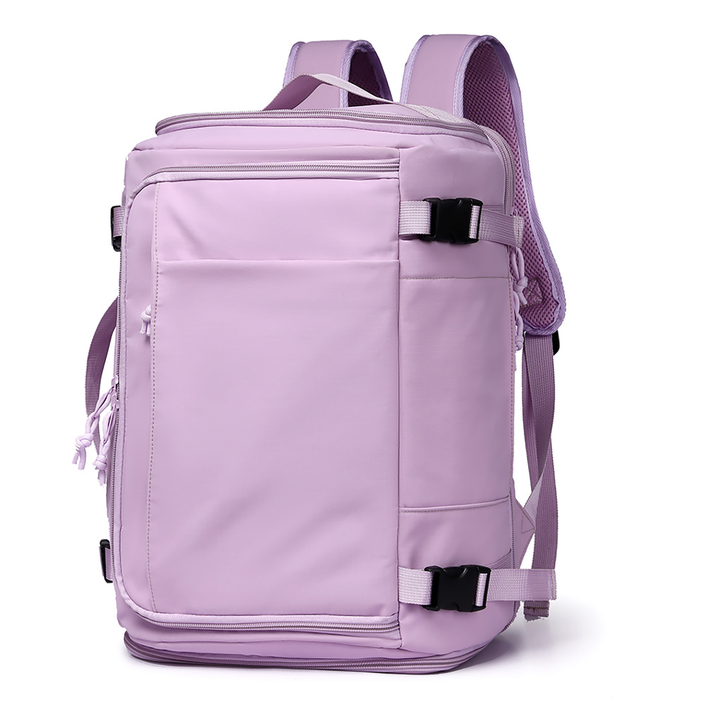 Ladies travel backpack style shown in lilac, shoe and laptop compartments