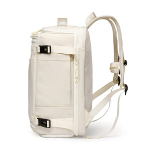 Side view of expandable weekender bag with lower shoe section, off-white