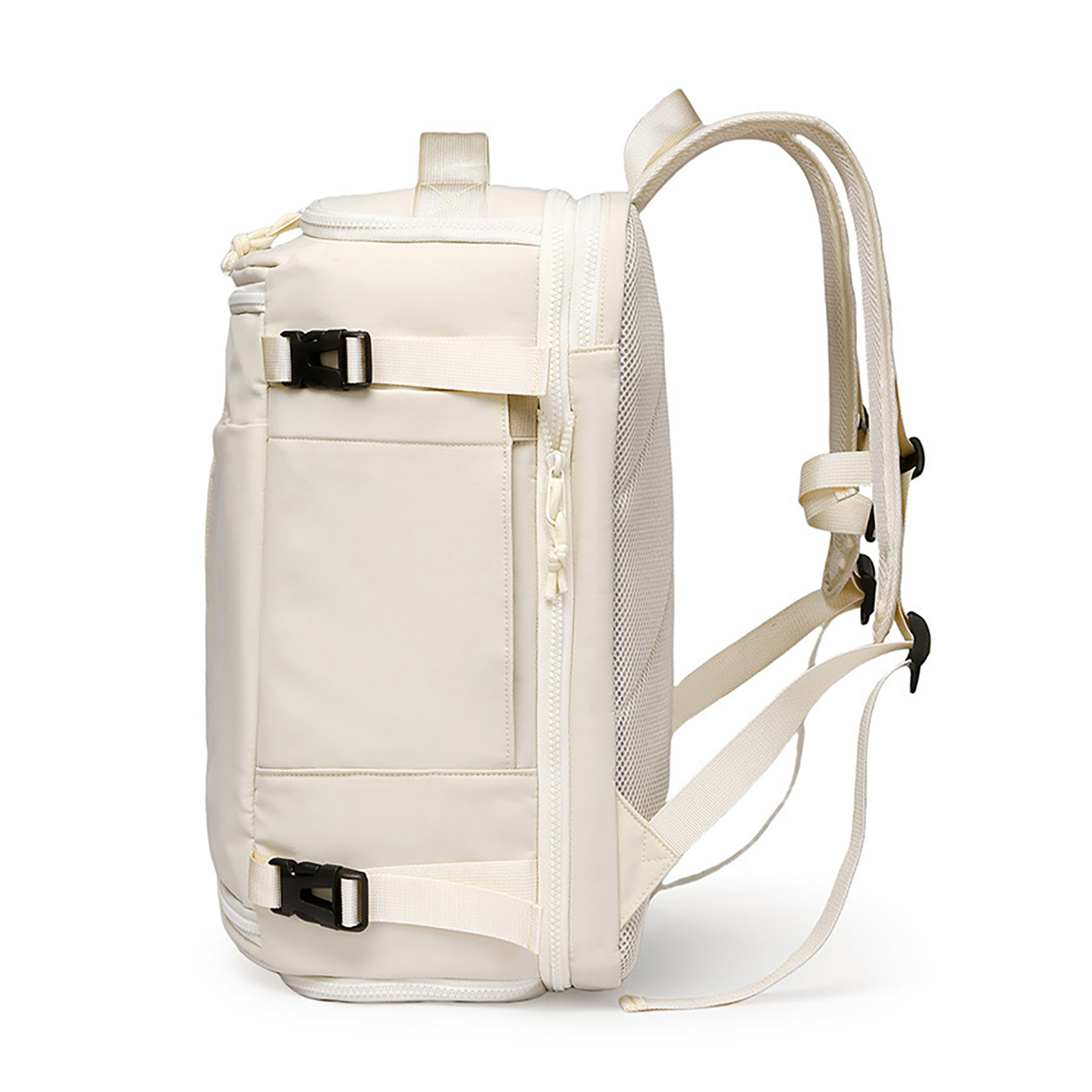 Side view of expandable weekender bag with lower shoe section, off-white