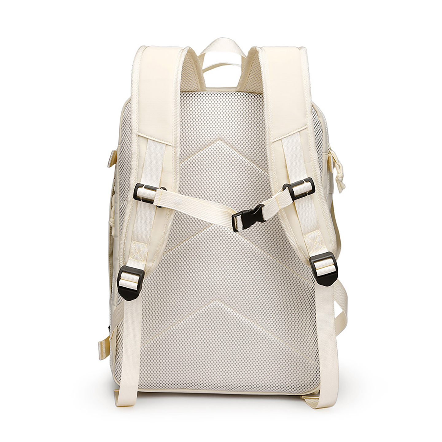 Back panel and straps of unisex laptop travel bag with sternum strap, off-white
