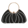 Black round rhinestone evening clutch with metal ring handle, front view
