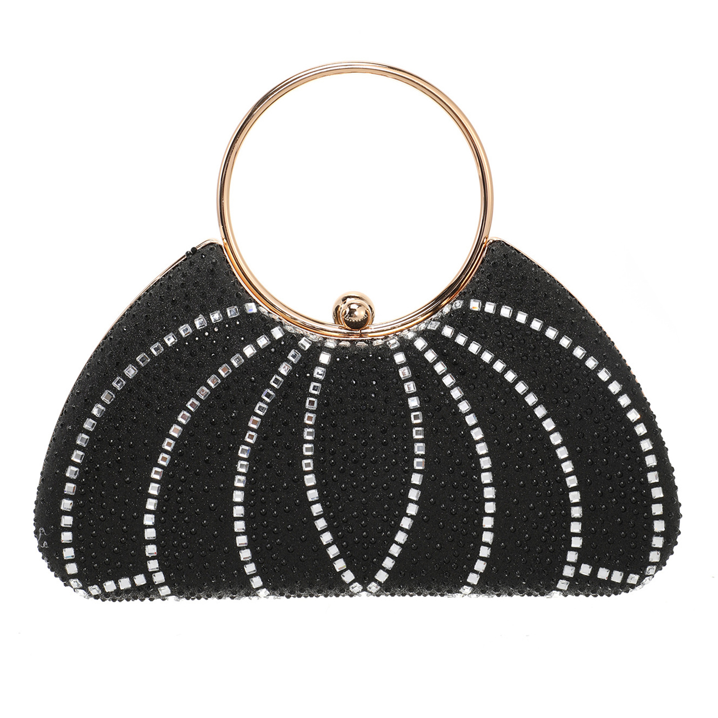Black round rhinestone evening clutch with metal ring handle, front view