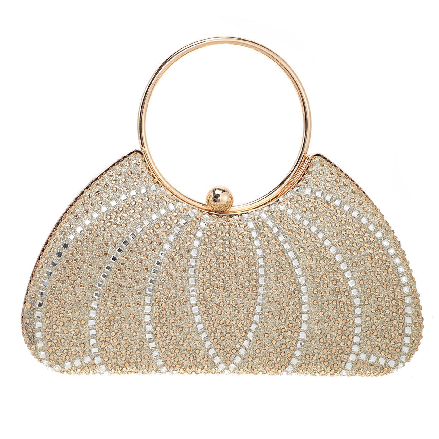 Gold round wedding clutch purse with ring handle, rhinestone pattern, front view