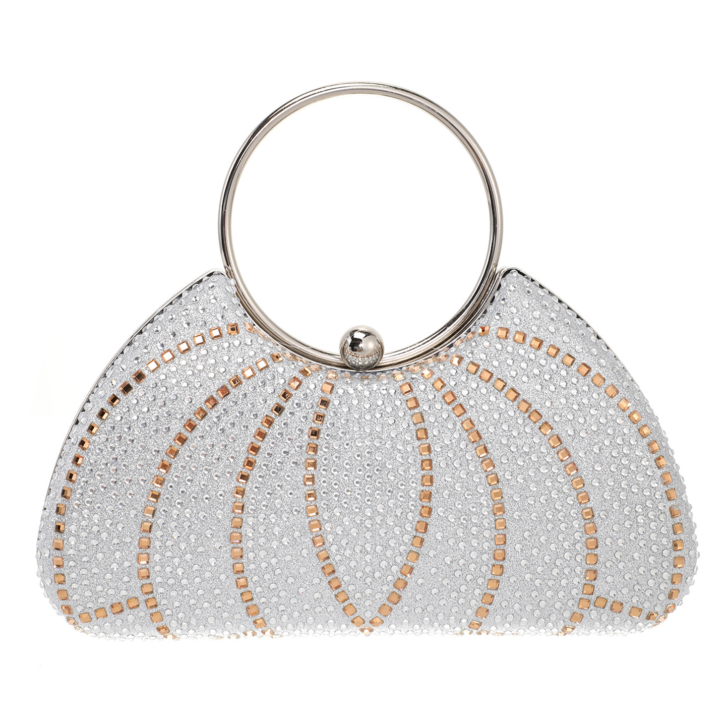Silver round evening bag with rhinestones and ring handle, front view