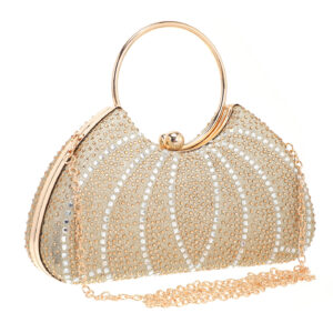 Gold rhinestone clutch with detachable chain strap, three-quarter angle