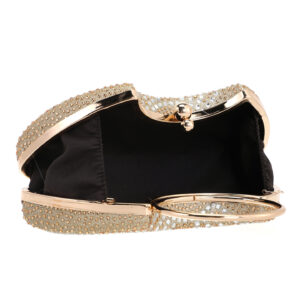 Interior view of designer clutch showing open frame with phone and card pockets