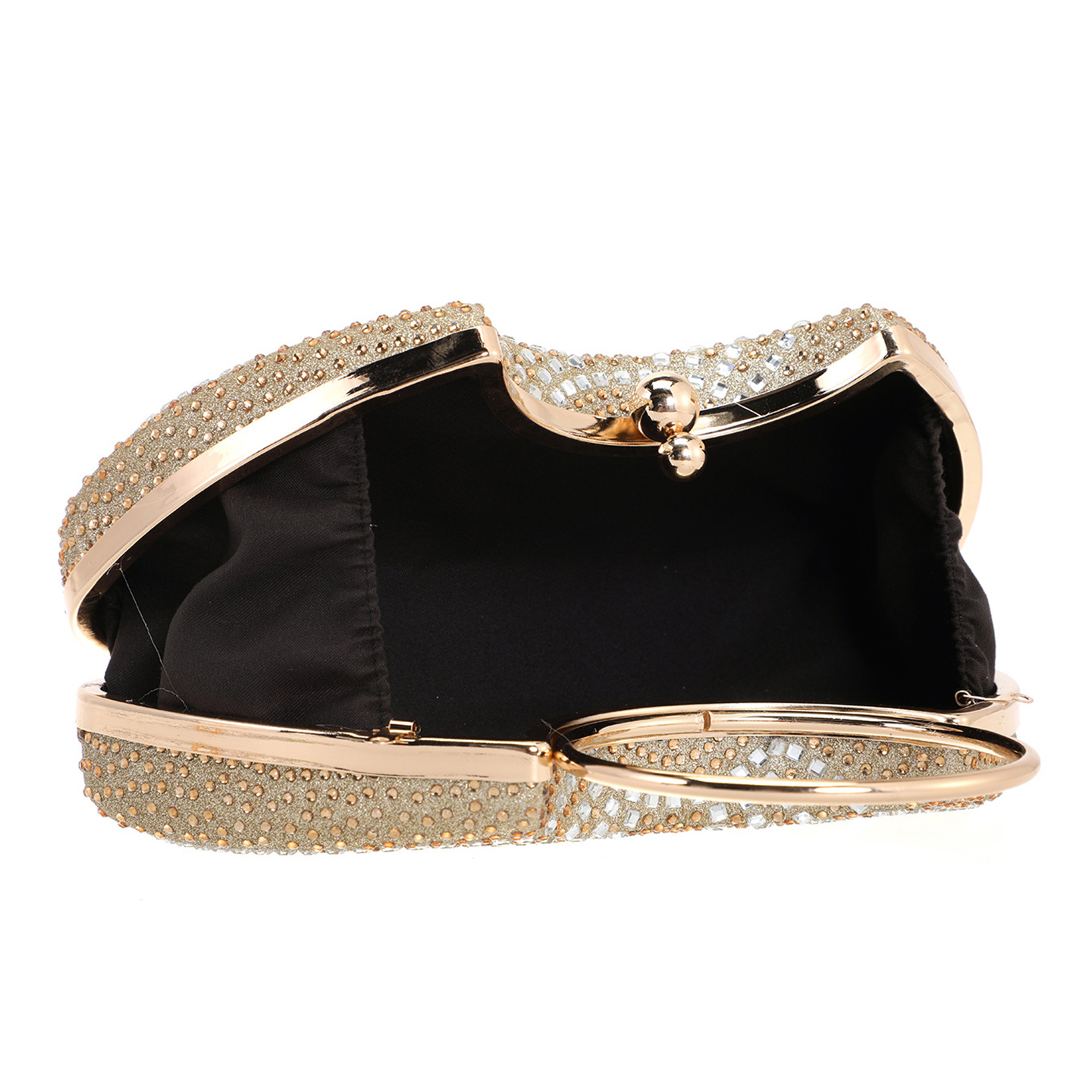 Interior view of designer clutch showing open frame with phone and card pockets