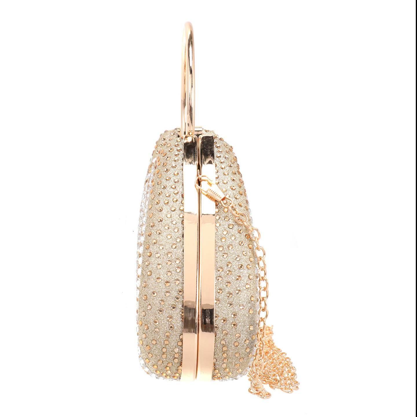 Side profile of round rhinestone purse with gold hardware and chain