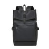 Black roll-top Oxford laptop backpack with front pocket, front view