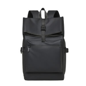 Black roll-top Oxford laptop backpack with front pocket, front view