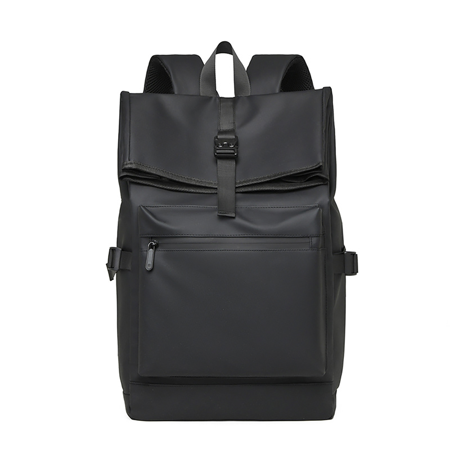 Black roll-top Oxford laptop backpack with front pocket, front view