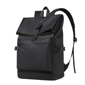 Three-quarter view of black roll backpack showing buckle-secured roll-top