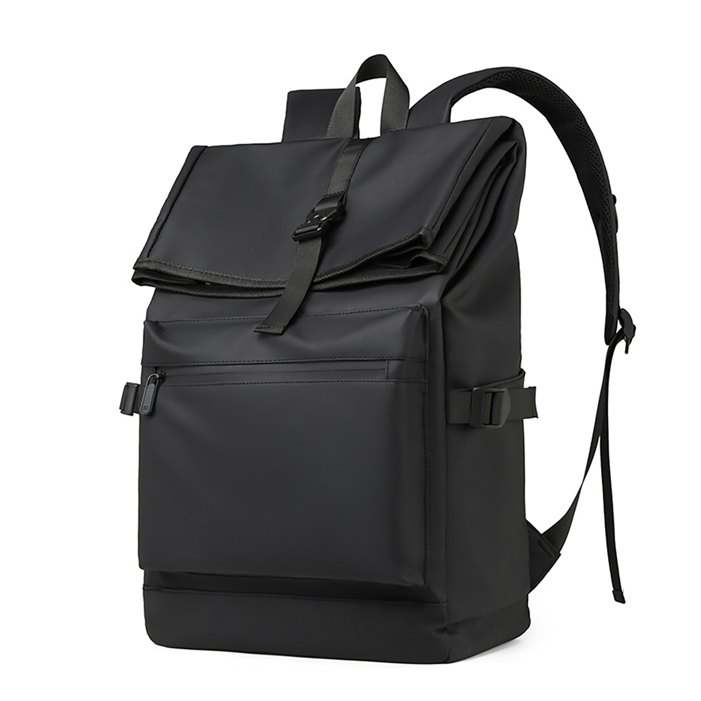 Three-quarter view of black roll backpack showing buckle-secured roll-top