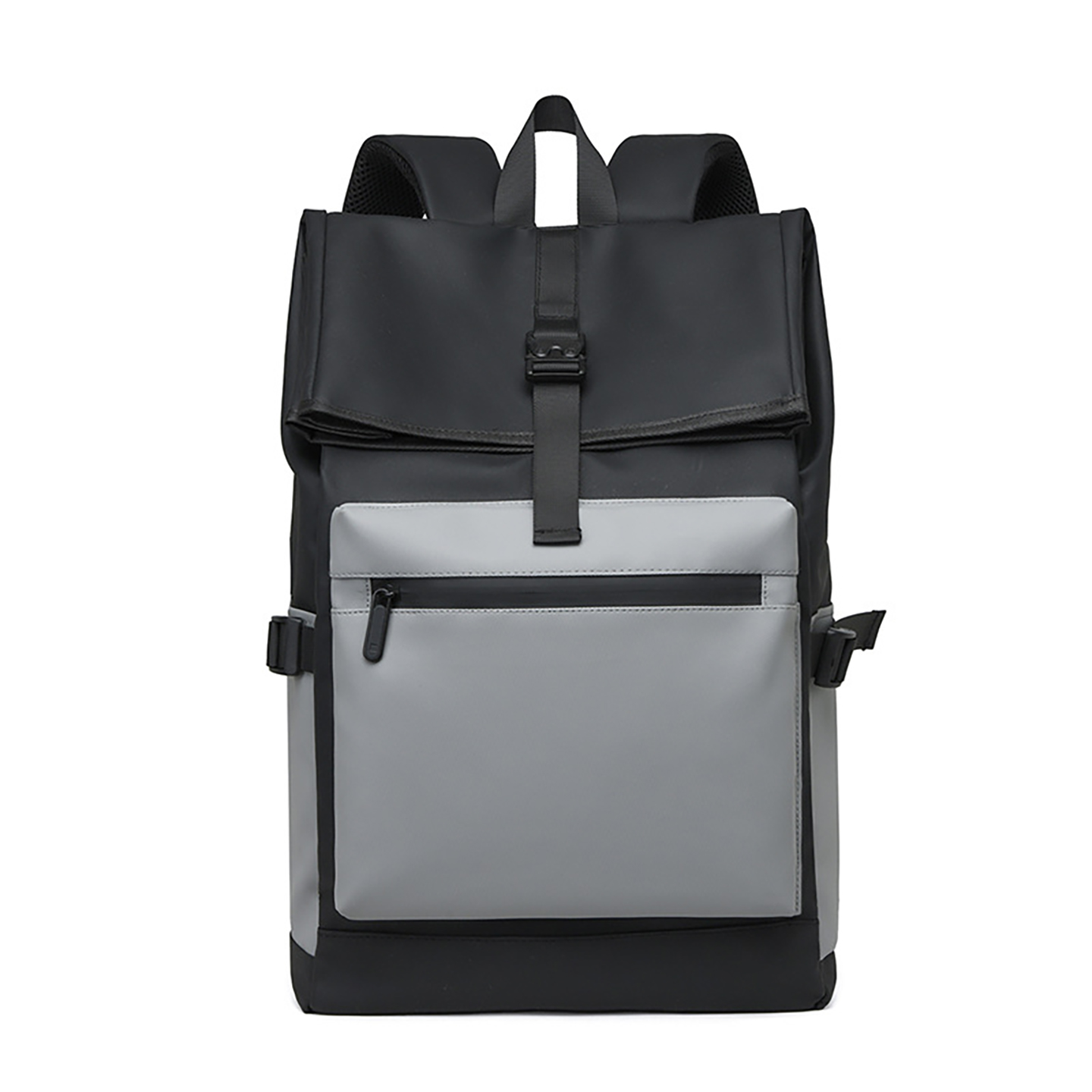 Two-tone black-gray roll-top work backpack with front organizer pocket