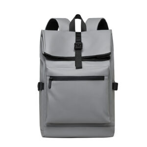 Solid gray Oxford laptop rucksack with roll closure, front view