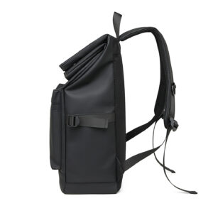 Side profile of black roll-top laptop knapsack with compression strap