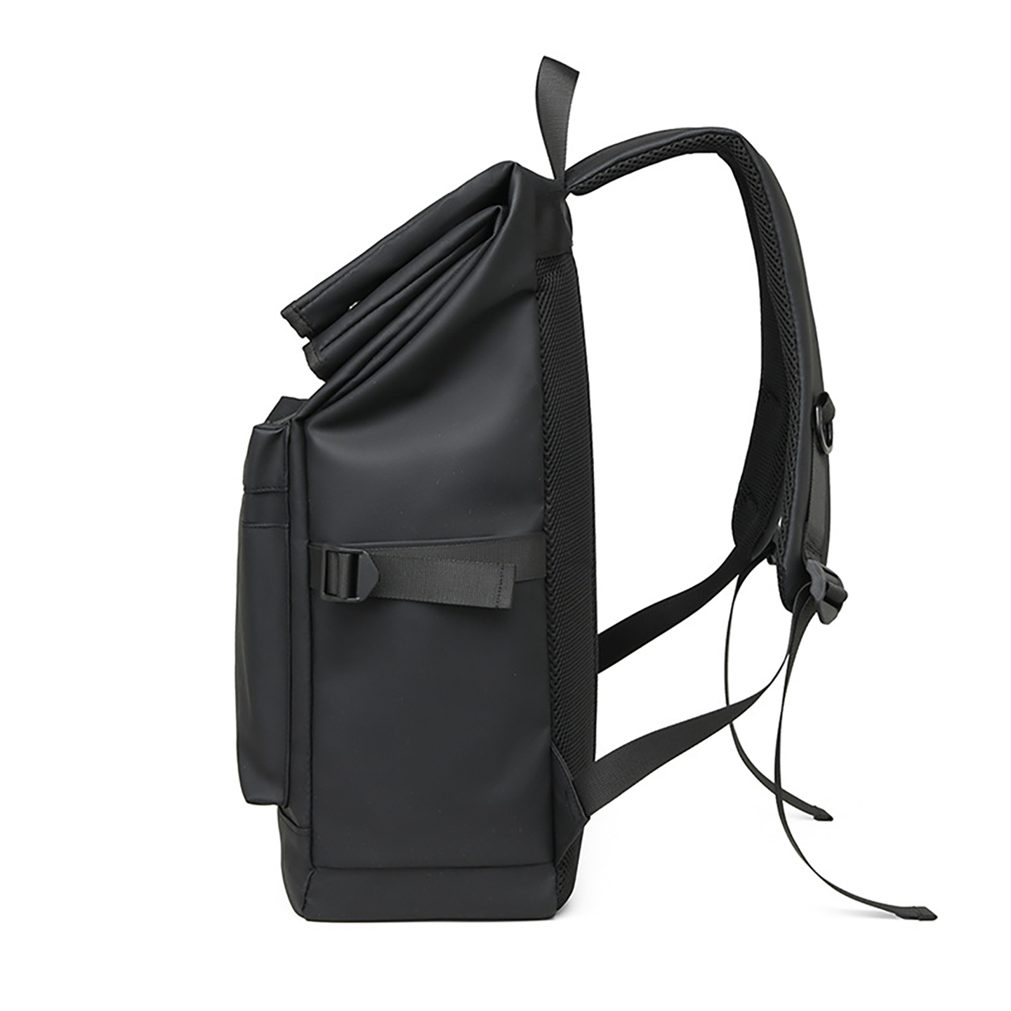 Side profile of black roll-top laptop knapsack with compression strap
