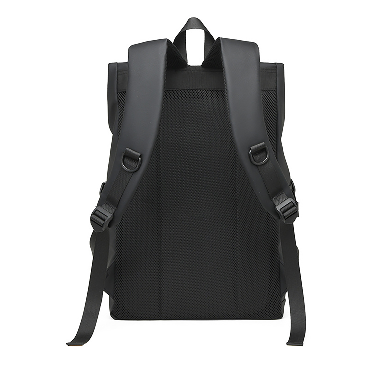 Back view showing padded straps and breathable mesh panel on unisex laptop backpack