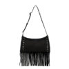 Black suede-velvet shoulder bag with long tassel fringe, front view