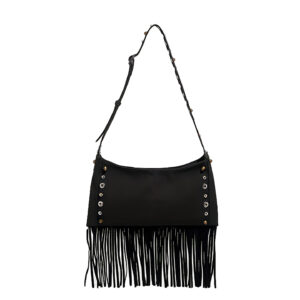 Black suede-velvet shoulder bag with long tassel fringe, front view