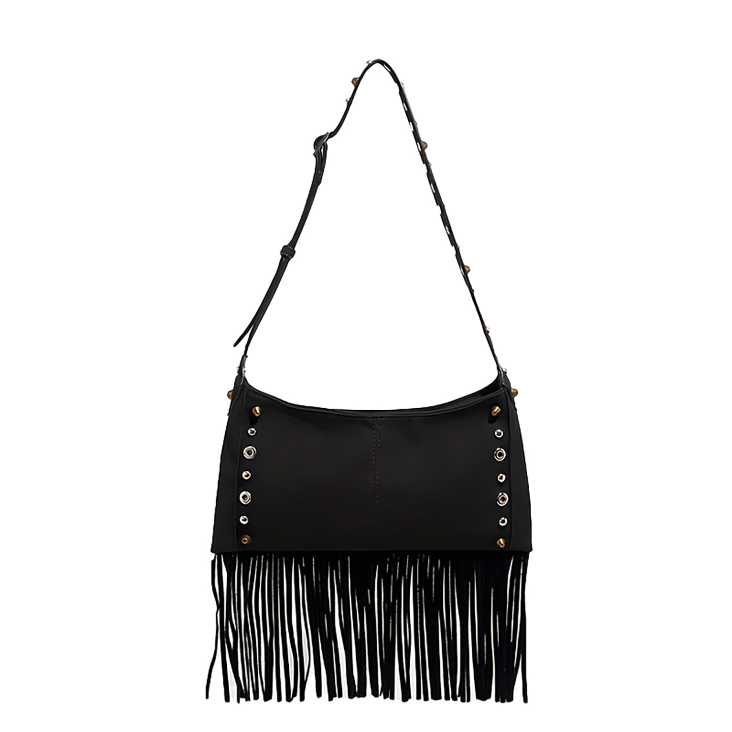 Black suede-velvet shoulder bag with long tassel fringe, front view