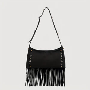 Black tassel shoulder purse on neutral background, horizontal square shape