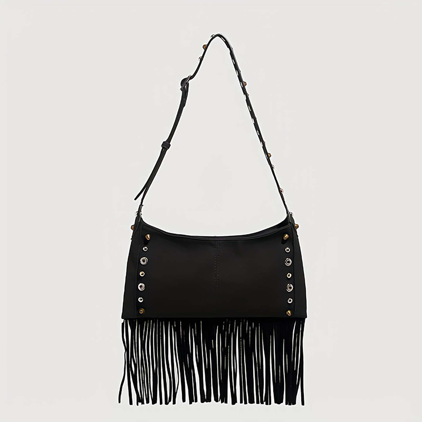 Black tassel shoulder purse on neutral background, horizontal square shape