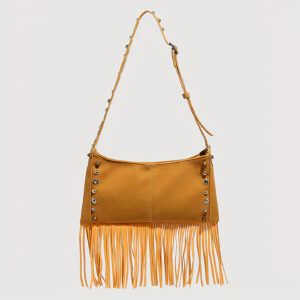Yellow-brown tassel shoulder bag with grommet details, front view