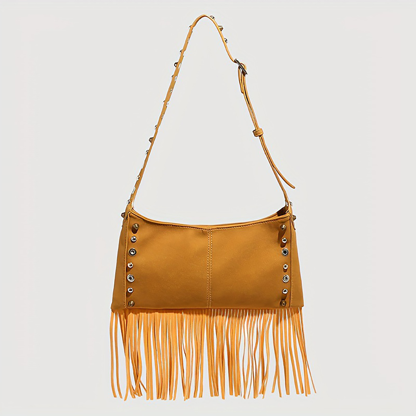 Yellow-brown tassel shoulder bag with grommet details, front view