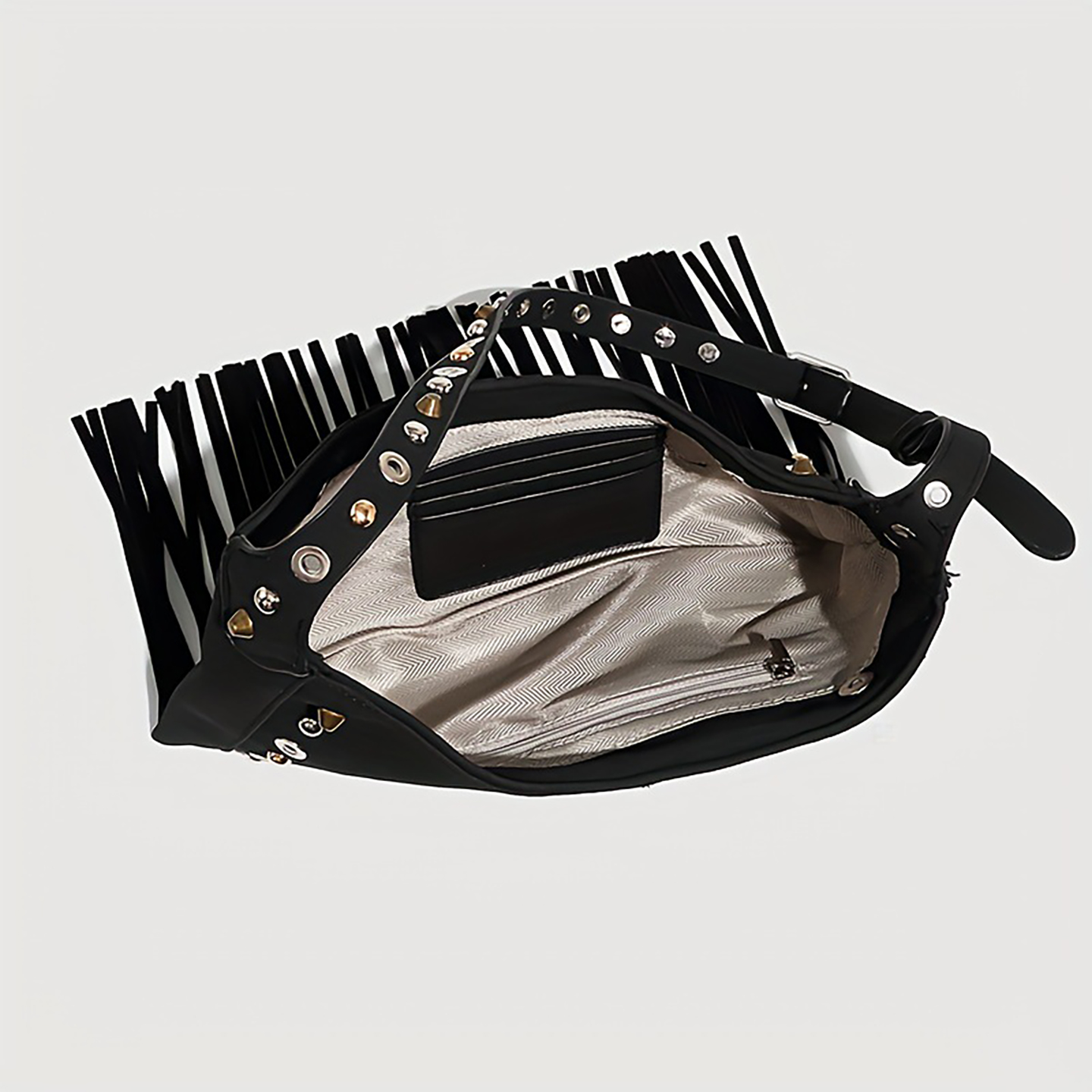 Interior view of black shoulder purse showing card pocket and zipper closure