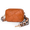 Brown woven PU leather small shoulder bag with zip top and patterned strap, front view