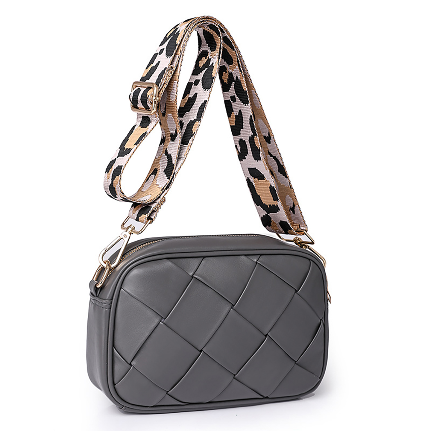 Gray small woven women’s shoulder bag with cross-body strap, back angle